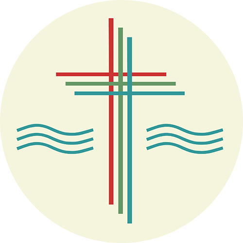 Stilisiertes Kreuz aus farbigen Linien mit wellenförmigen Symbolen, die Wasser darstellen, auf hellem, kreisförmigem Hintergrund.